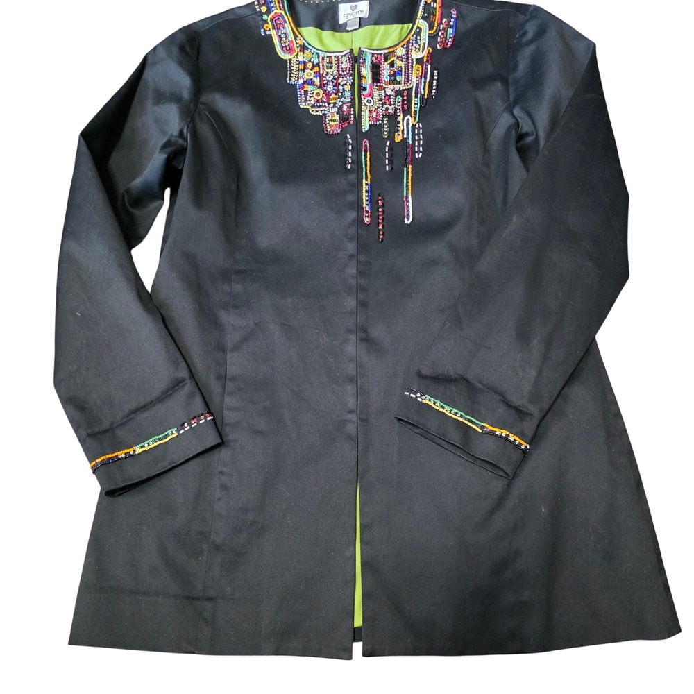 Chicos Blk Beaded Sequin Jacket Size 1 Womens Embellished Hook Eye Green Lining